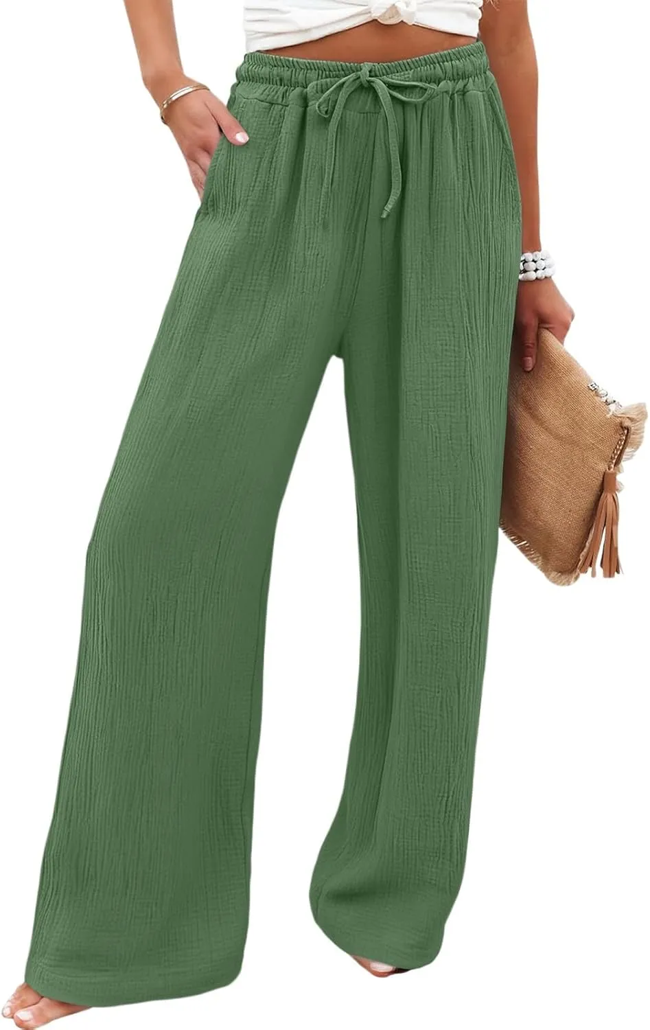 Womens Linen Pants Straight Leg Elastic Drawstring Casual Trousers Beach Lounge Pants with Pockets