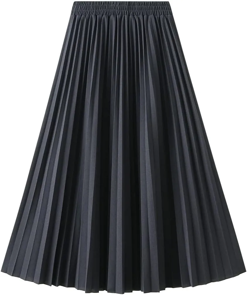 Women's Long Skirt High Waist Elastic Casual Pleated Skirt Wedding Prom Party A-Line Swing Midi Skirt