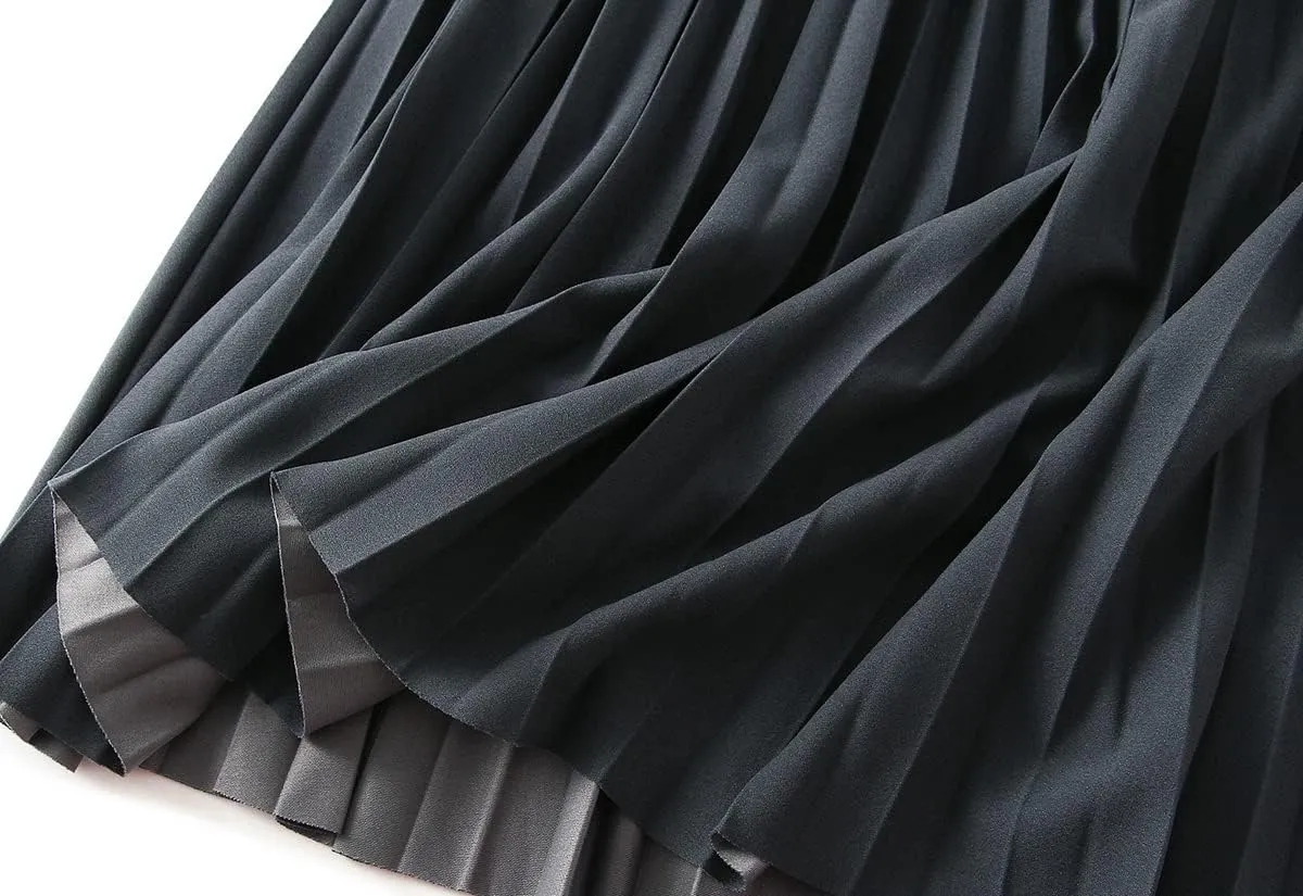 Women's Long Skirt High Waist Elastic Casual Pleated Skirt Wedding Prom Party A-Line Swing Midi Skirt
