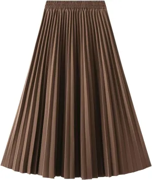 Women's Long Skirt High Waist Elastic Casual Pleated Skirt Wedding Prom Party A-Line Swing Midi Skirt