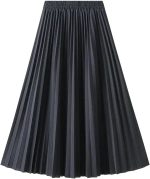 Women's Long Skirt High Waist Elastic Casual Pleated Skirt Wedding Prom Party A-Line Swing Midi Skirt