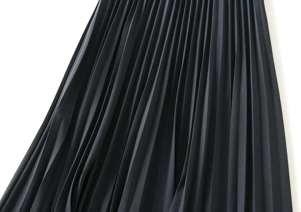 Women's Long Skirt High Waist Elastic Casual Pleated Skirt Wedding Prom Party A-Line Swing Midi Skirt