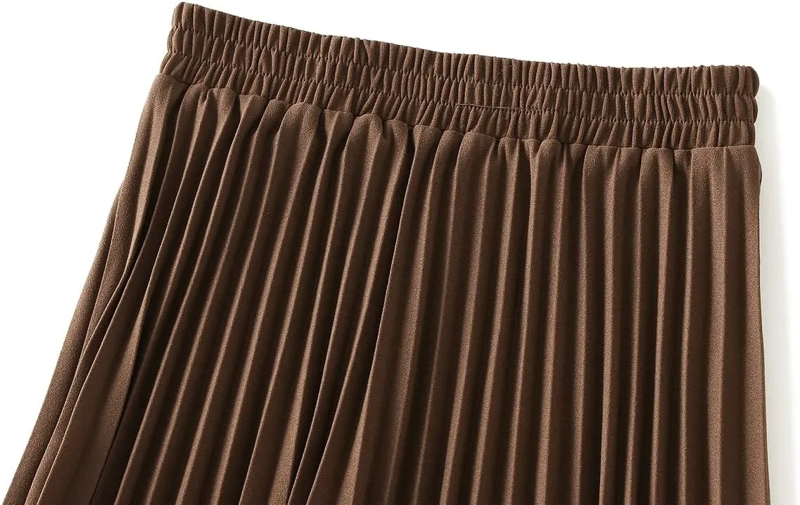 Women's Long Skirt High Waist Elastic Casual Pleated Skirt Wedding Prom Party A-Line Swing Midi Skirt