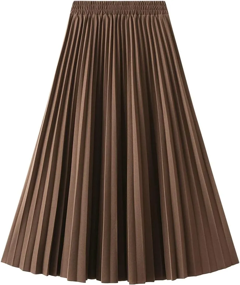 Women's Long Skirt High Waist Elastic Casual Pleated Skirt Wedding Prom Party A-Line Swing Midi Skirt