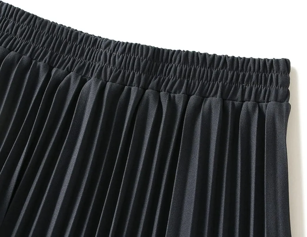 Women's Long Skirt High Waist Elastic Casual Pleated Skirt Wedding Prom Party A-Line Swing Midi Skirt