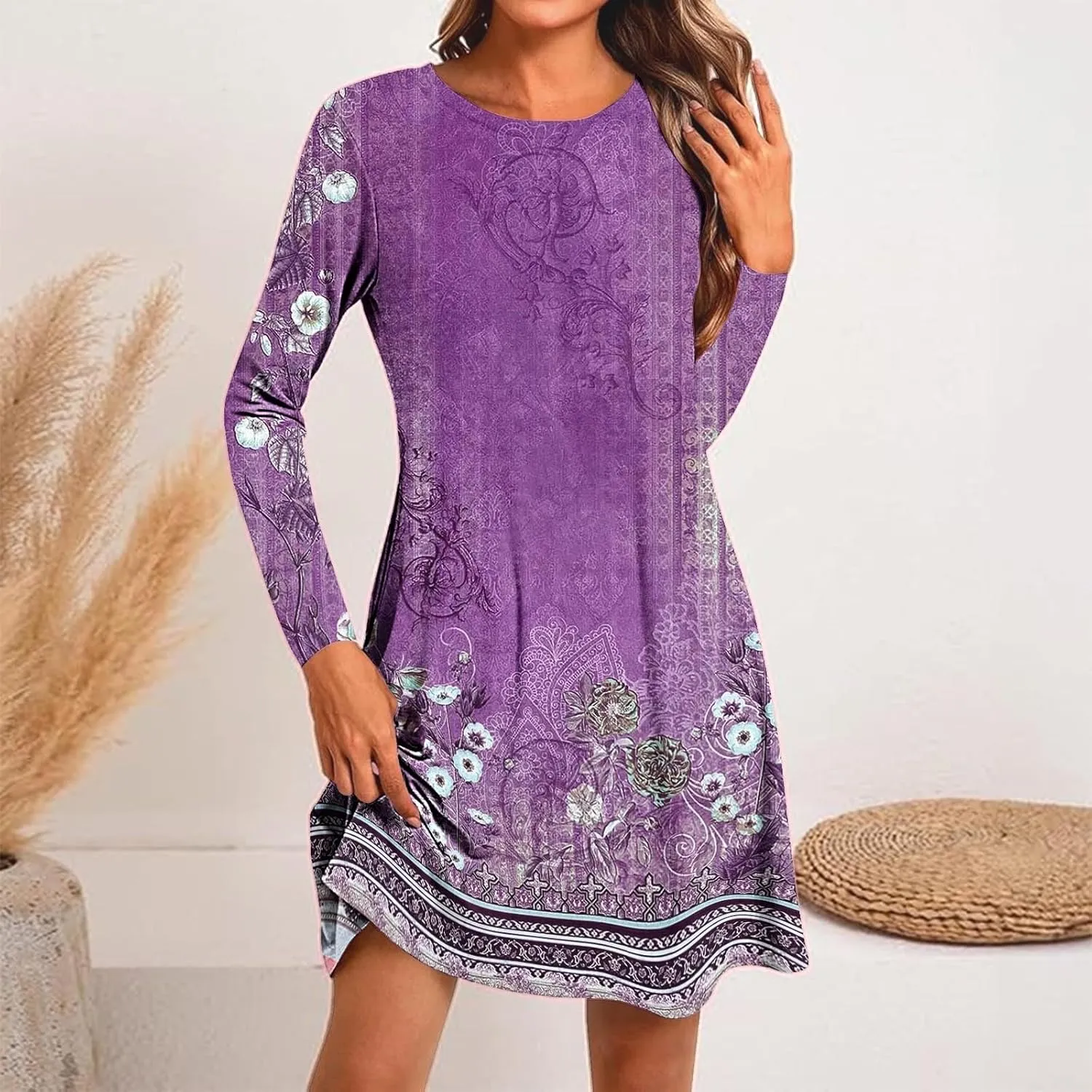 Womens Mini Dresses Casual Summer Beach Dress Vintage Boho Floral Long Sleeve Round Neck Flowy A Line Sun Dresses