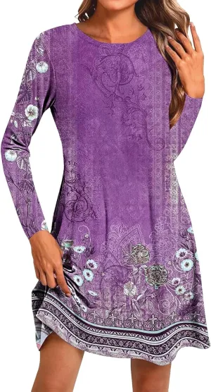 Womens Mini Dresses Casual Summer Beach Dress Vintage Boho Floral Long Sleeve Round Neck Flowy A Line Sun Dresses