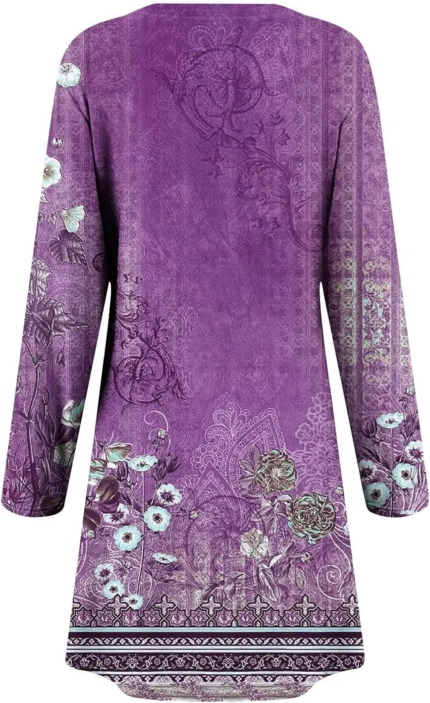 Womens Mini Dresses Casual Summer Beach Dress Vintage Boho Floral Long Sleeve Round Neck Flowy A Line Sun Dresses
