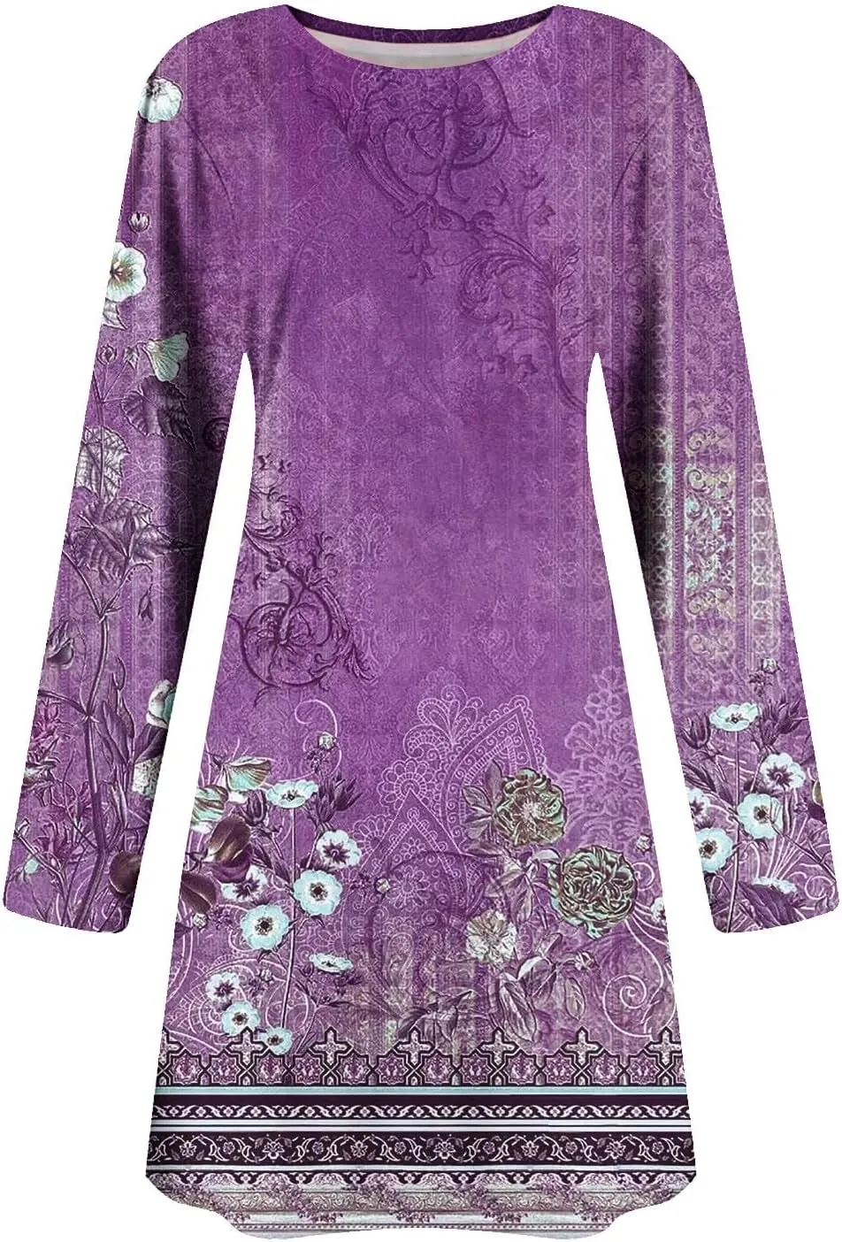Womens Mini Dresses Casual Summer Beach Dress Vintage Boho Floral Long Sleeve Round Neck Flowy A Line Sun Dresses