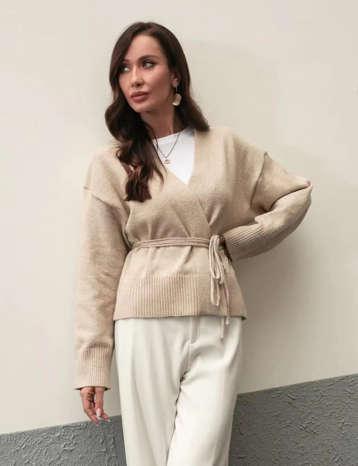 Women's New Long-Sleeved knittedcardigan Shawl Sweater Casual Button Tied Cord Cardigan