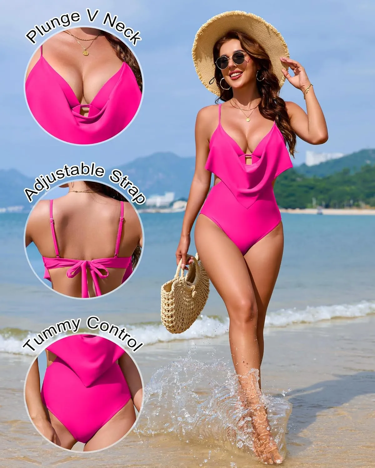 Womens One Piece Swimsuit Tummy Control Bathing Suit Slimming Ruffle Modest Swim Suits High Waisted Monokini