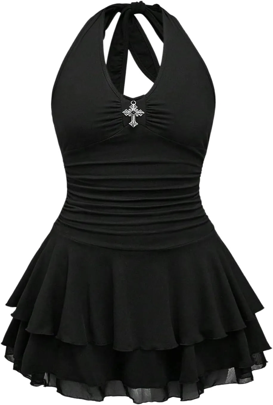 Women's Plus Size Cross Print Dress Y2k Ruched Tie Backless Tiered Ruffle Mini Dresses