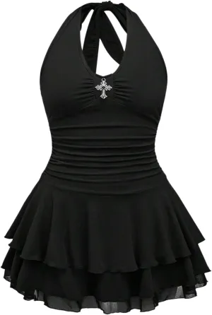 Women's Plus Size Cross Print Dress Y2k Ruched Tie Backless Tiered Ruffle Mini Dresses