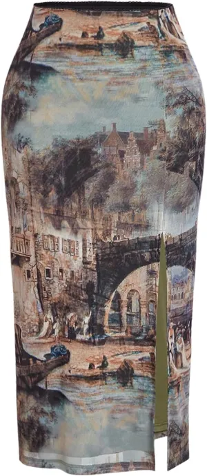 Women's Plus Size Oil Printed Bodycon Skirts Vintage Skinny Pencil Midi Skirt