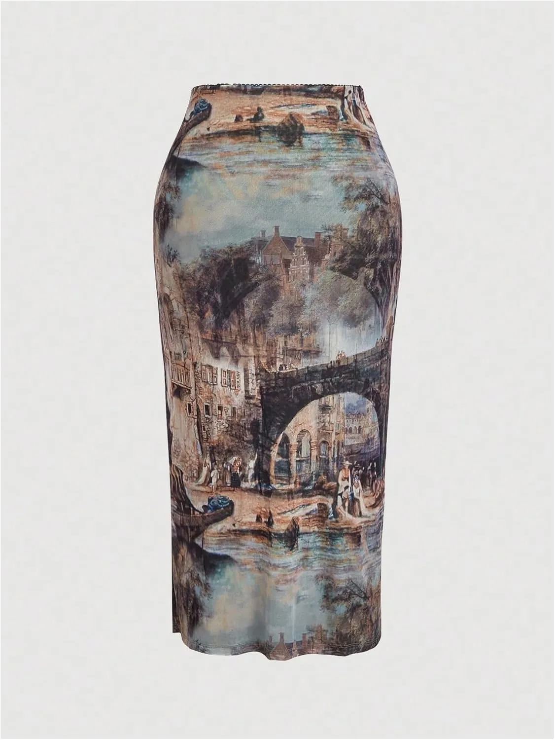 Women's Plus Size Oil Printed Bodycon Skirts Vintage Skinny Pencil Midi Skirt