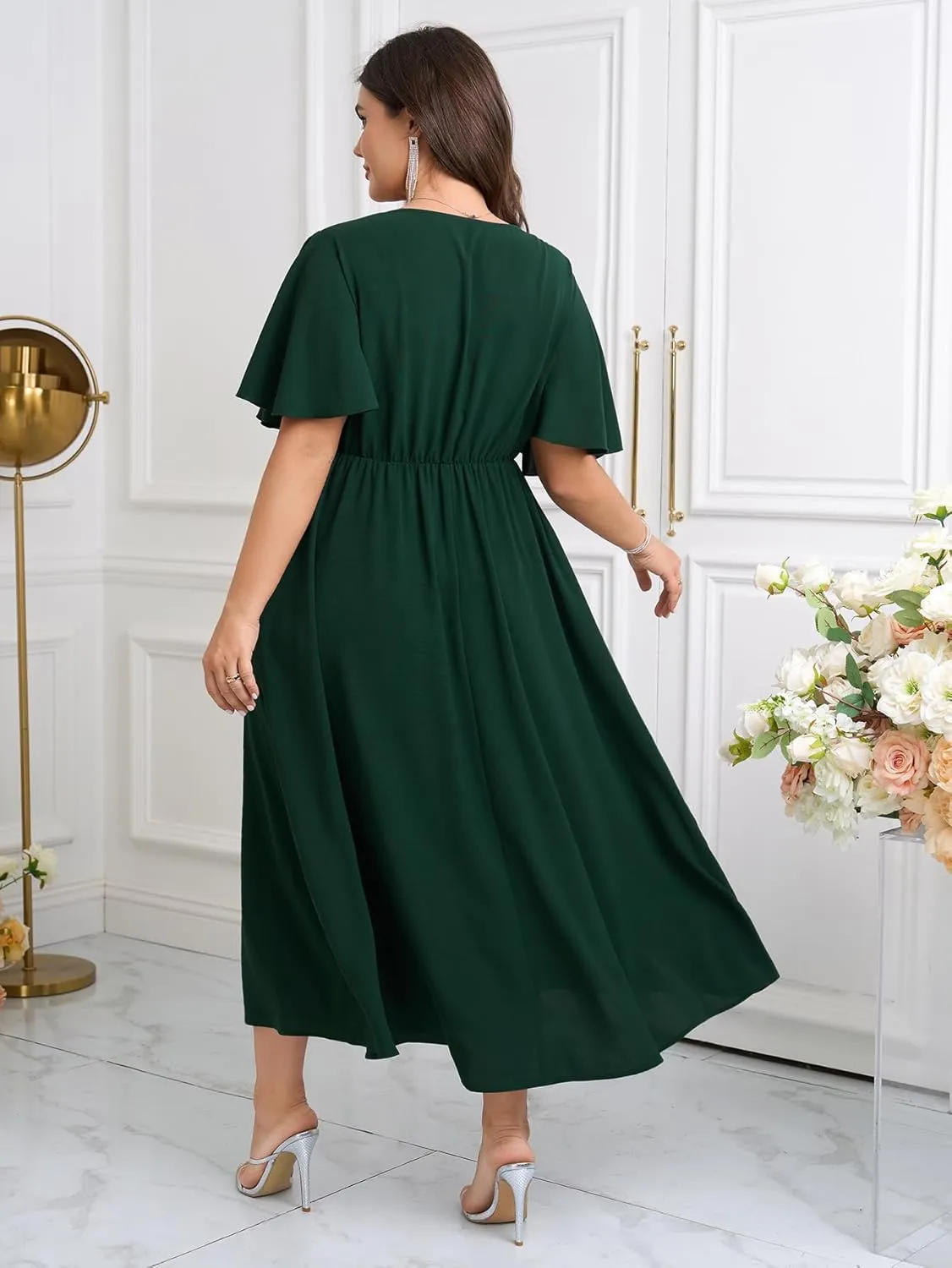 Womens Plus Size Wrap V Neck Dress Short Flutter Sleeve Pleated Empire Waist Ruffle A Line Maxi Long Dresses