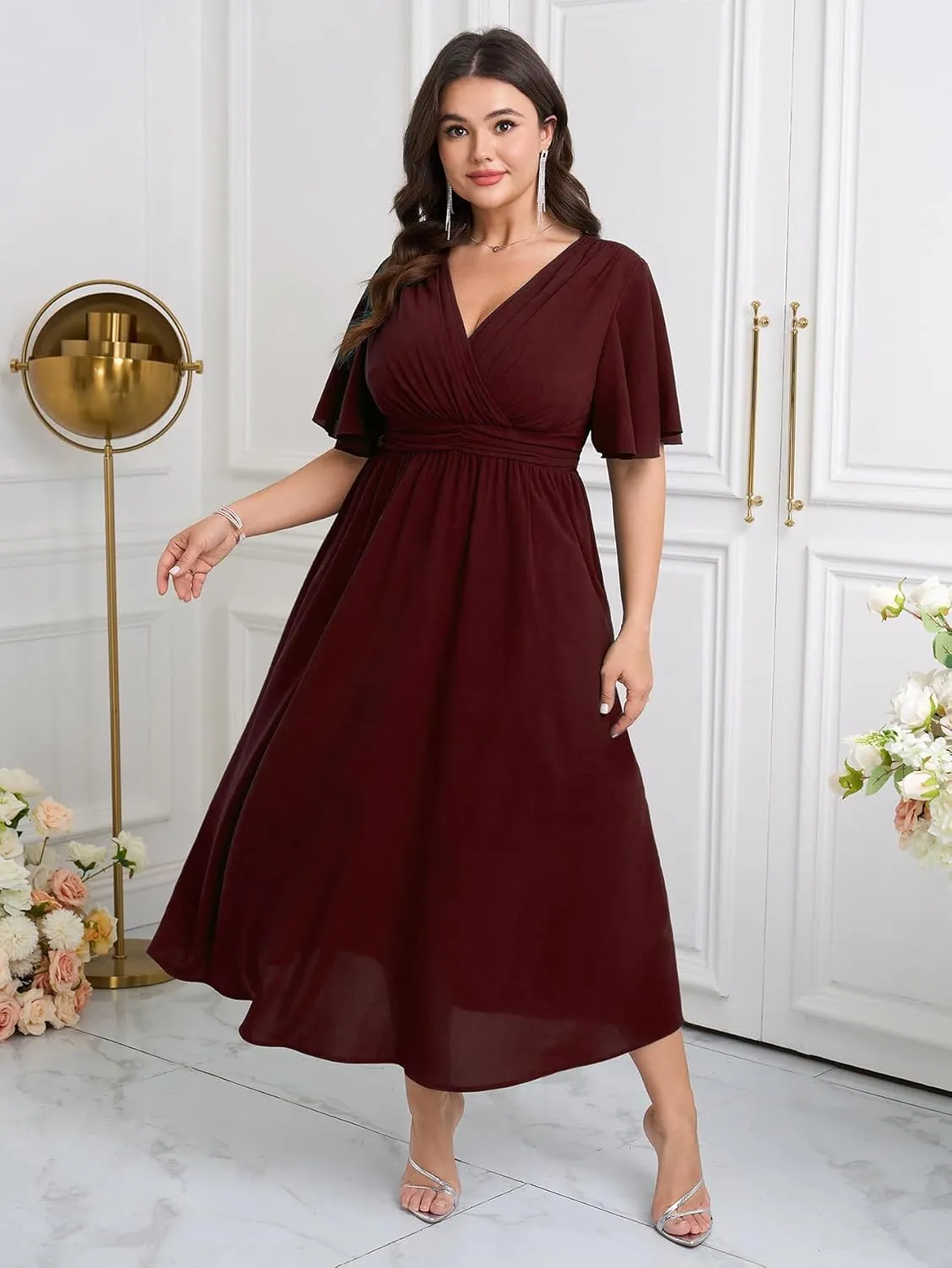 Womens Plus Size Wrap V Neck Dress Short Flutter Sleeve Pleated Empire Waist Ruffle A Line Maxi Long Dresses