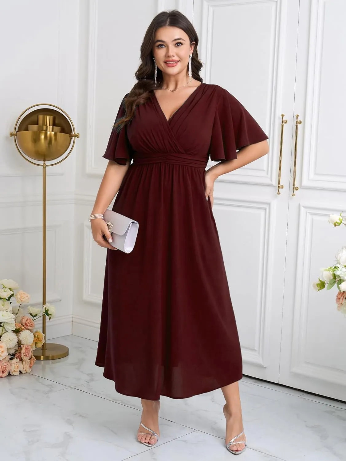 Womens Plus Size Wrap V Neck Dress Short Flutter Sleeve Pleated Empire Waist Ruffle A Line Maxi Long Dresses