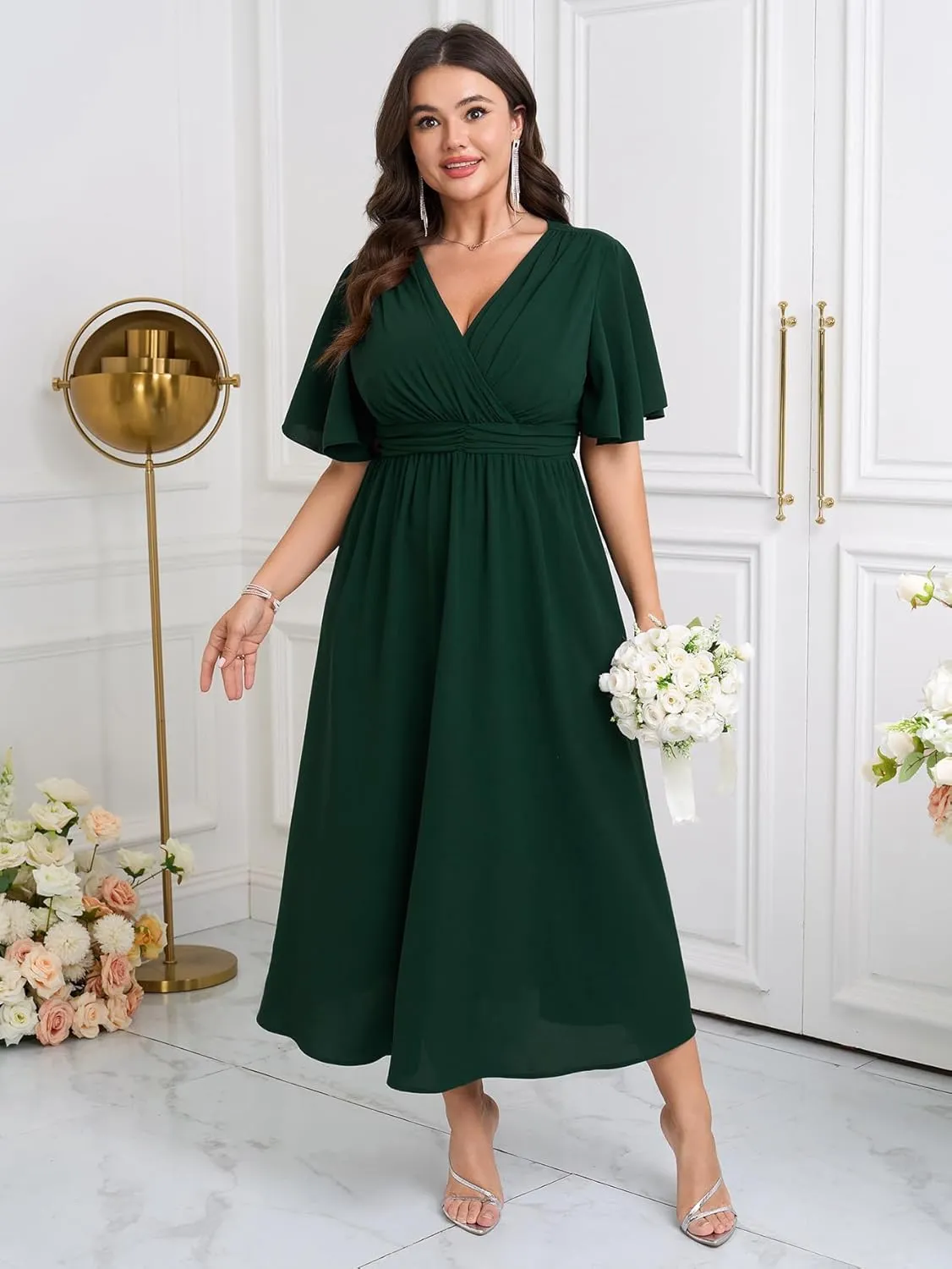 Womens Plus Size Wrap V Neck Dress Short Flutter Sleeve Pleated Empire Waist Ruffle A Line Maxi Long Dresses
