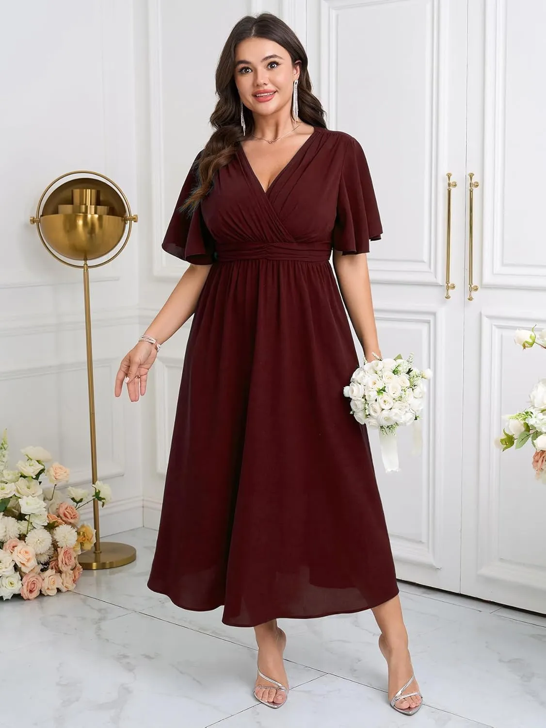 Womens Plus Size Wrap V Neck Dress Short Flutter Sleeve Pleated Empire Waist Ruffle A Line Maxi Long Dresses