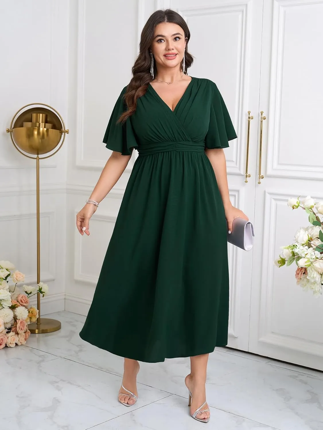 Womens Plus Size Wrap V Neck Dress Short Flutter Sleeve Pleated Empire Waist Ruffle A Line Maxi Long Dresses