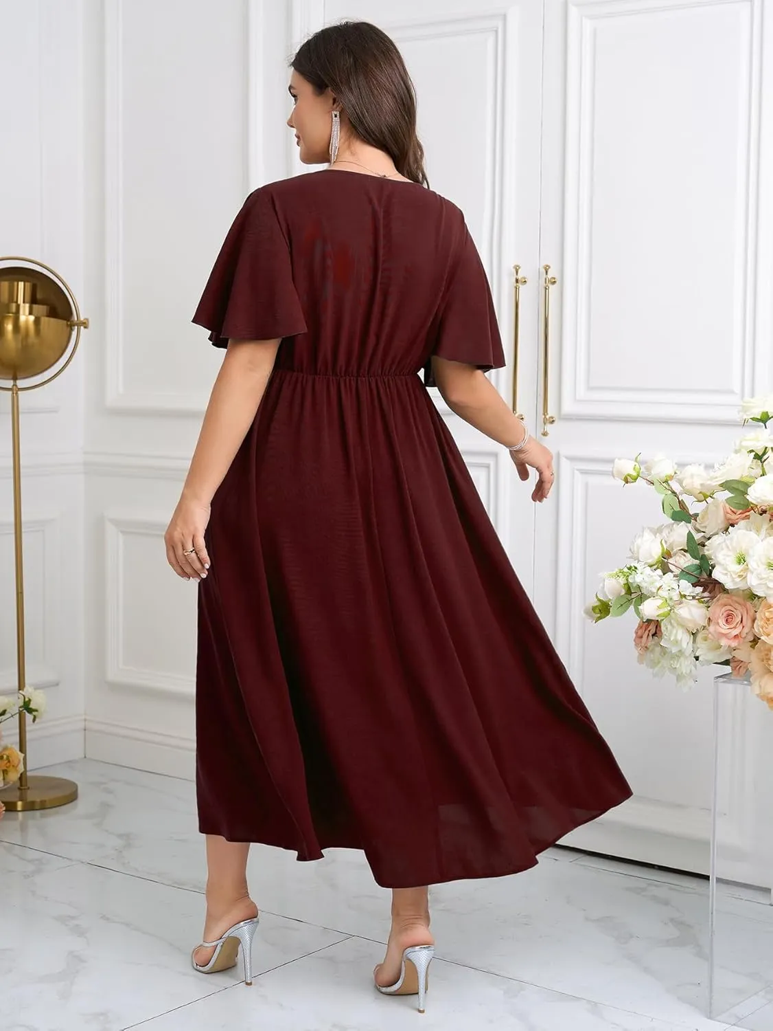 Womens Plus Size Wrap V Neck Dress Short Flutter Sleeve Pleated Empire Waist Ruffle A Line Maxi Long Dresses