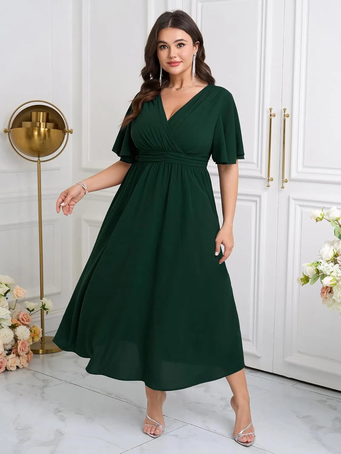 Womens Plus Size Wrap V Neck Dress Short Flutter Sleeve Pleated Empire Waist Ruffle A Line Maxi Long Dresses