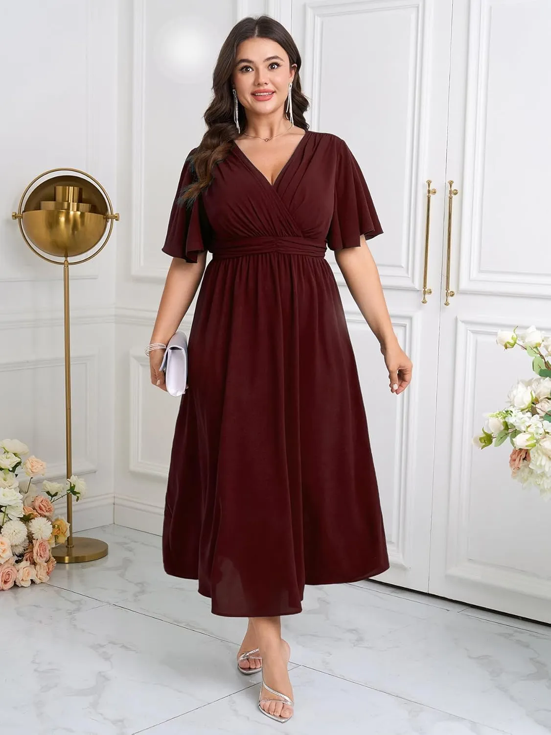 Womens Plus Size Wrap V Neck Dress Short Flutter Sleeve Pleated Empire Waist Ruffle A Line Maxi Long Dresses