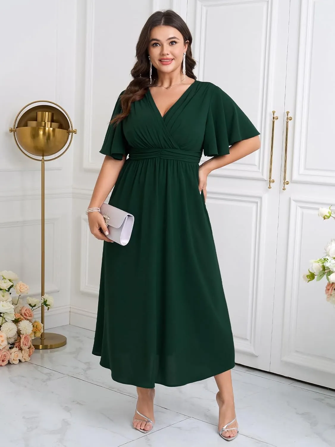 Womens Plus Size Wrap V Neck Dress Short Flutter Sleeve Pleated Empire Waist Ruffle A Line Maxi Long Dresses
