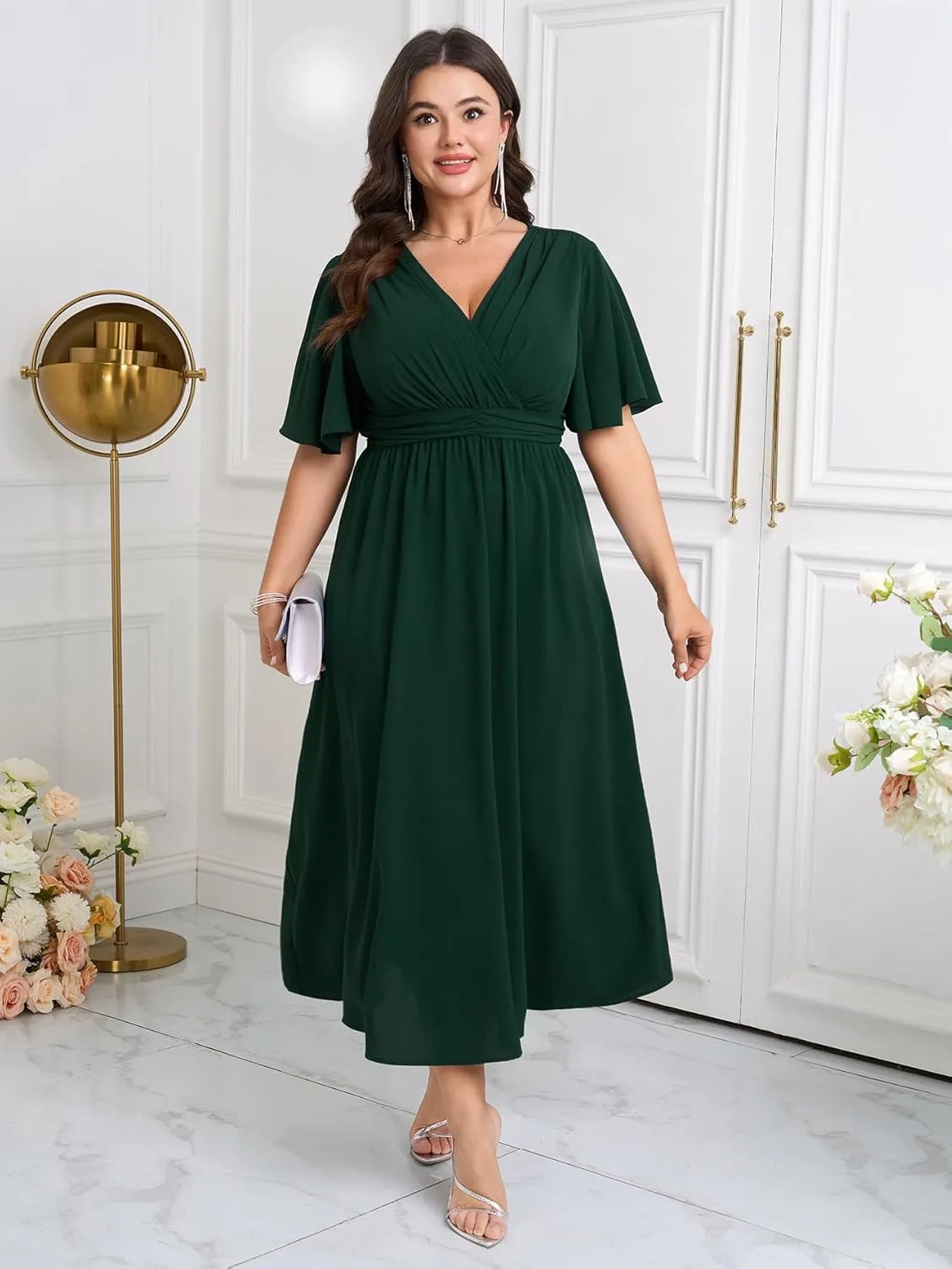 Womens Plus Size Wrap V Neck Dress Short Flutter Sleeve Pleated Empire Waist Ruffle A Line Maxi Long Dresses