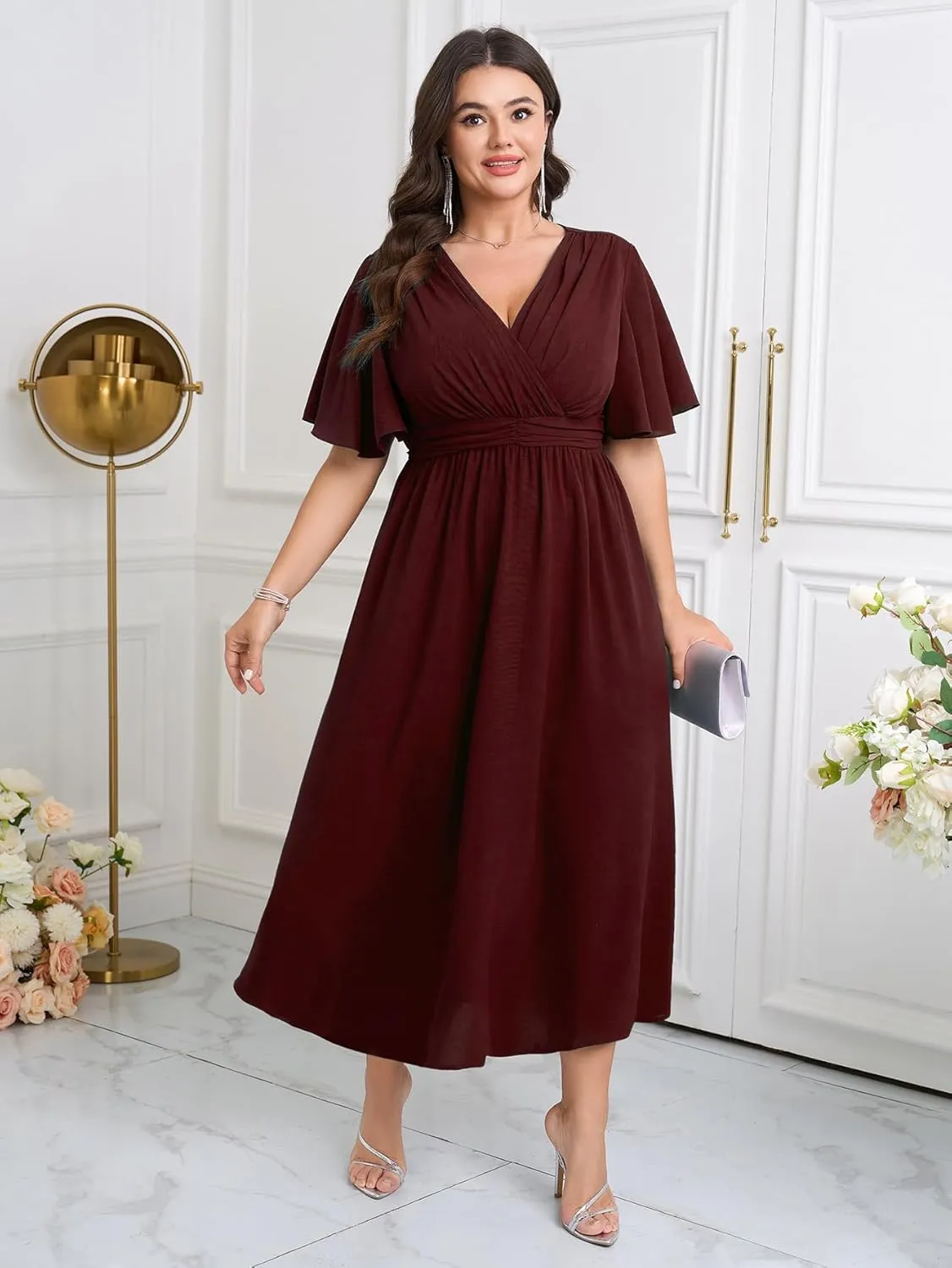 Womens Plus Size Wrap V Neck Dress Short Flutter Sleeve Pleated Empire Waist Ruffle A Line Maxi Long Dresses