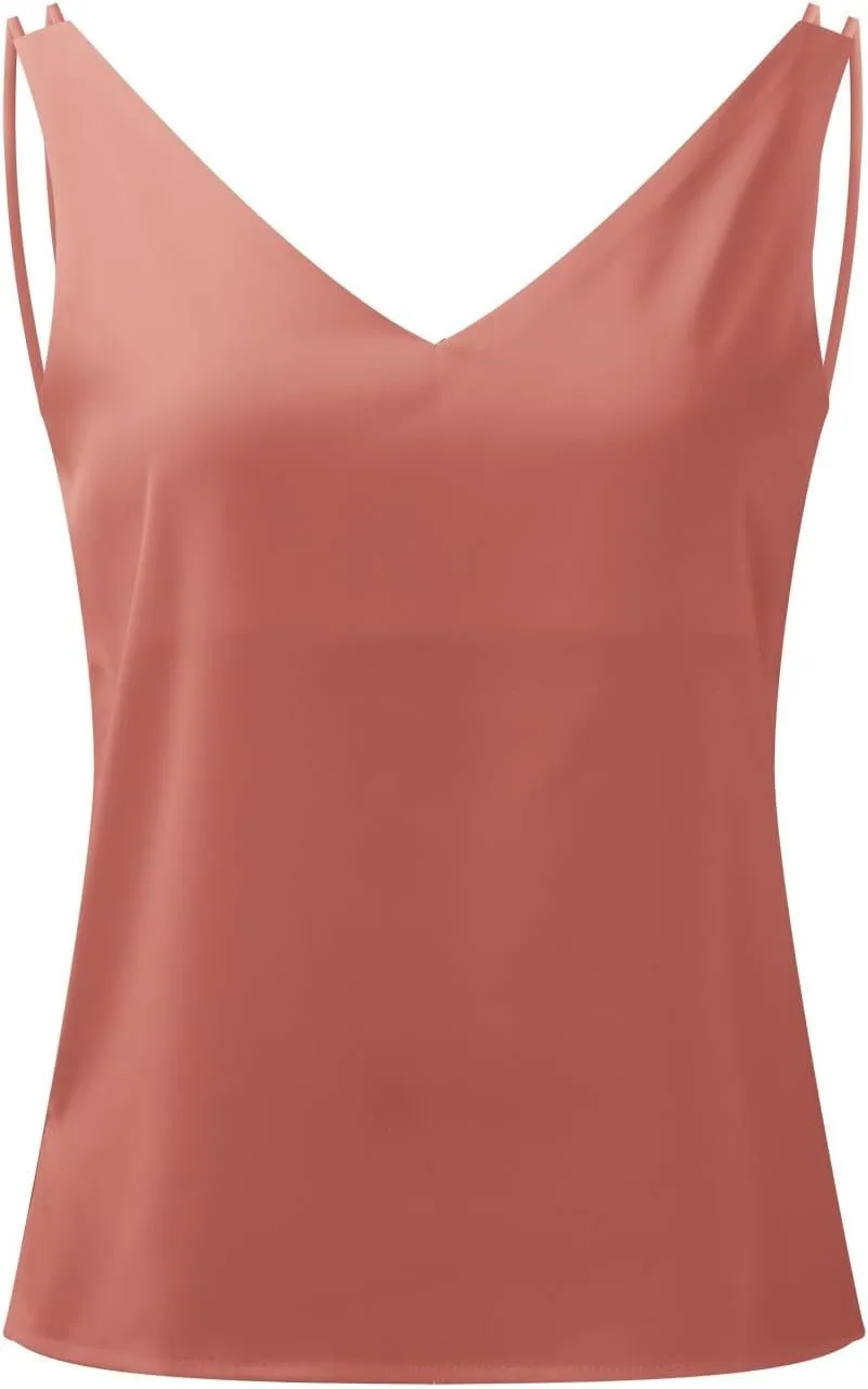 Womens Silk Satin Tank Tops V Neck Casual Cami Sleeveless Camisole Blouses Summer Basic Tank Shirt