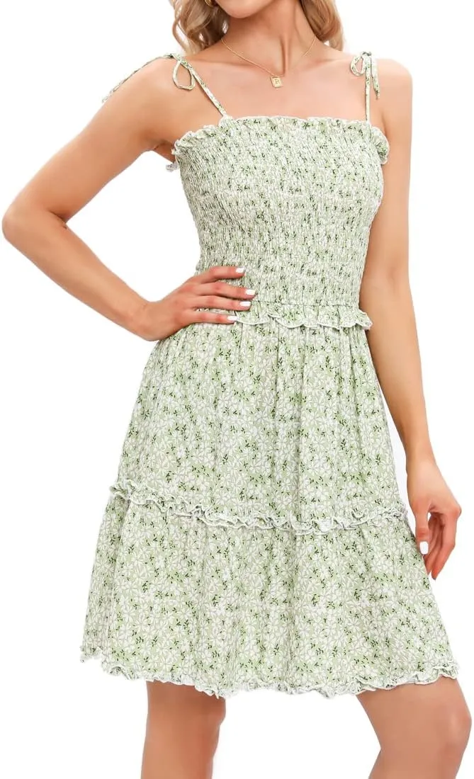 Women's Sleeveless Backless Tie Shoulder A Line Short Dresses Ruffle Tube Top Beach Mini Dress