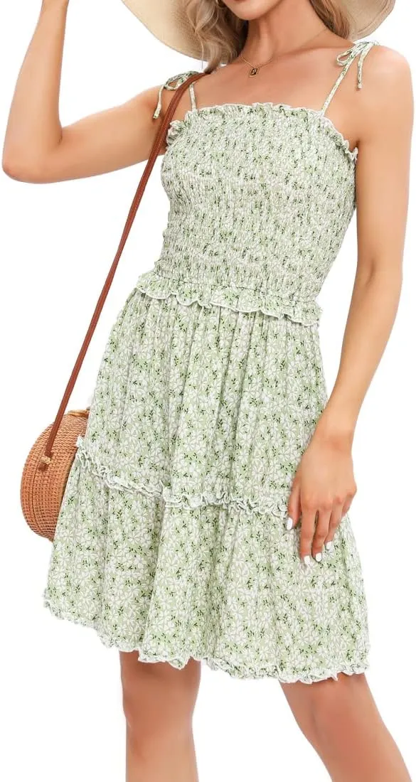 Women's Sleeveless Backless Tie Shoulder A Line Short Dresses Ruffle Tube Top Beach Mini Dress
