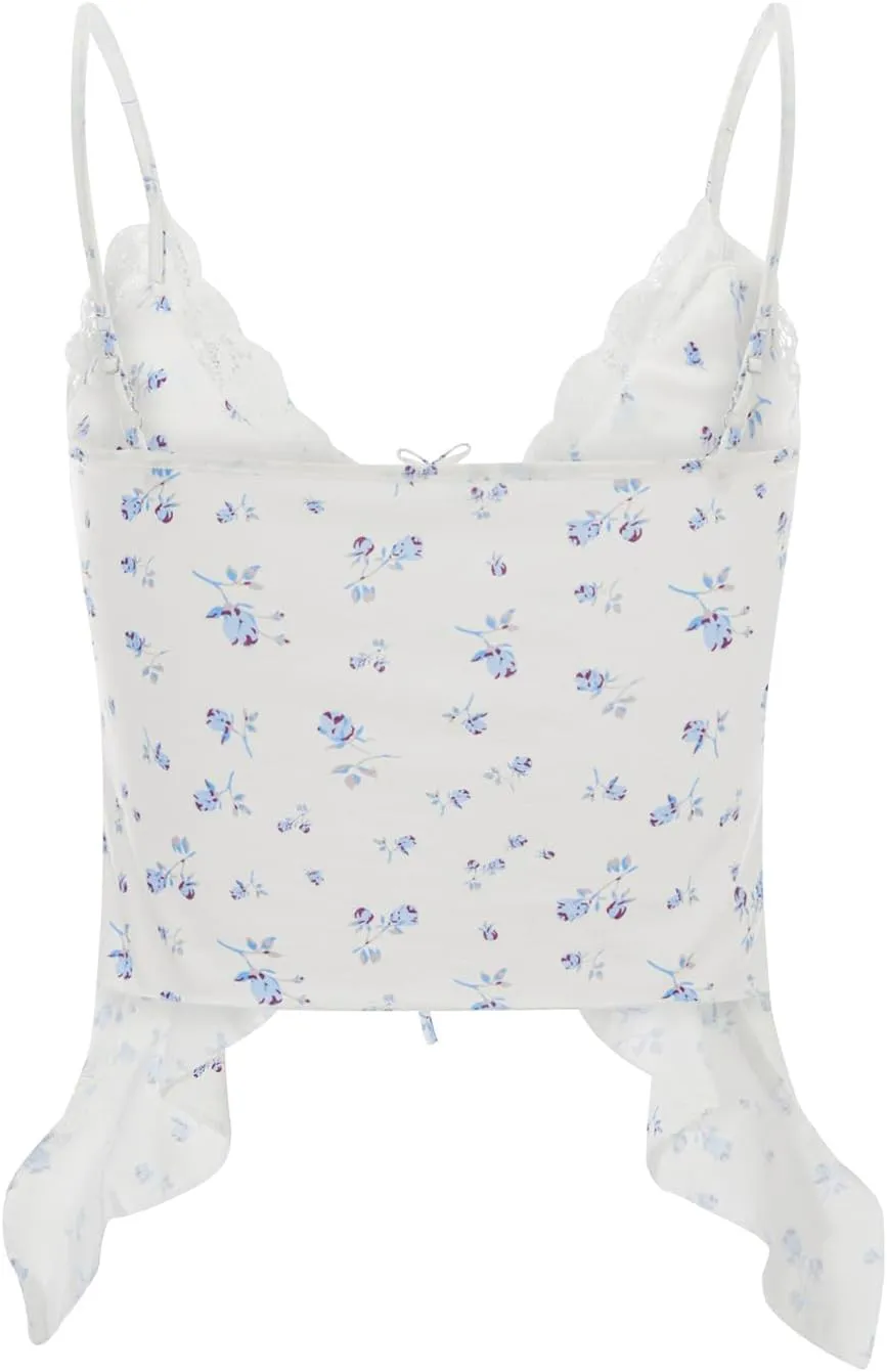 Women's Sleeveless Lace Trim V-Neck Tie Up Camisoles Spaghetti Straps Ruffle Y2K Bustier Tops