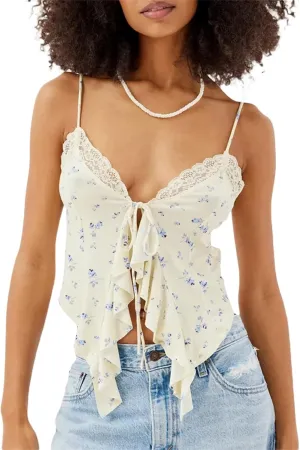Women's Sleeveless Lace Trim V-Neck Tie Up Camisoles Spaghetti Straps Ruffle Y2K Bustier Tops