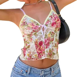 Women's Spaghetti Strap Camisole Floral Print V Neck Tie-Up Cami Top Sleeveless Sling Crop Tank Tops Summer Streetwear