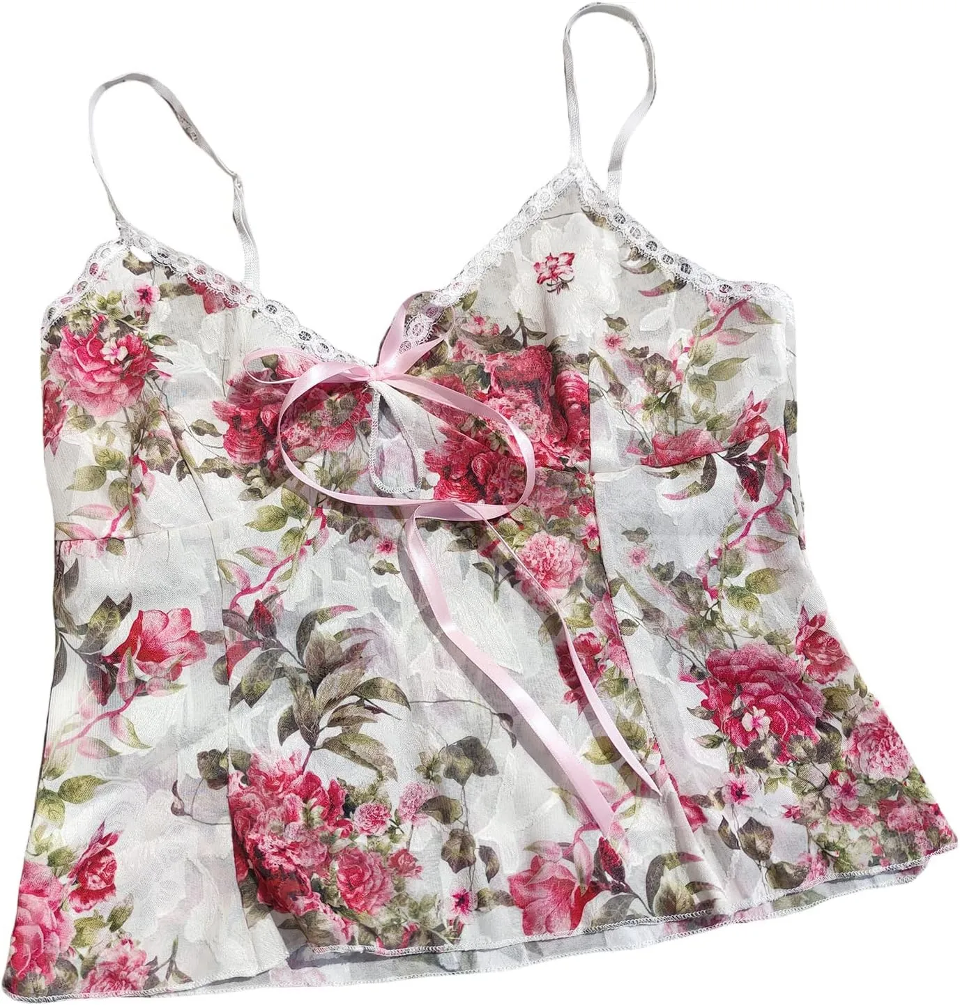 Women's Spaghetti Strap Camisole Floral Print V Neck Tie-Up Cami Top Sleeveless Sling Crop Tank Tops Summer Streetwear