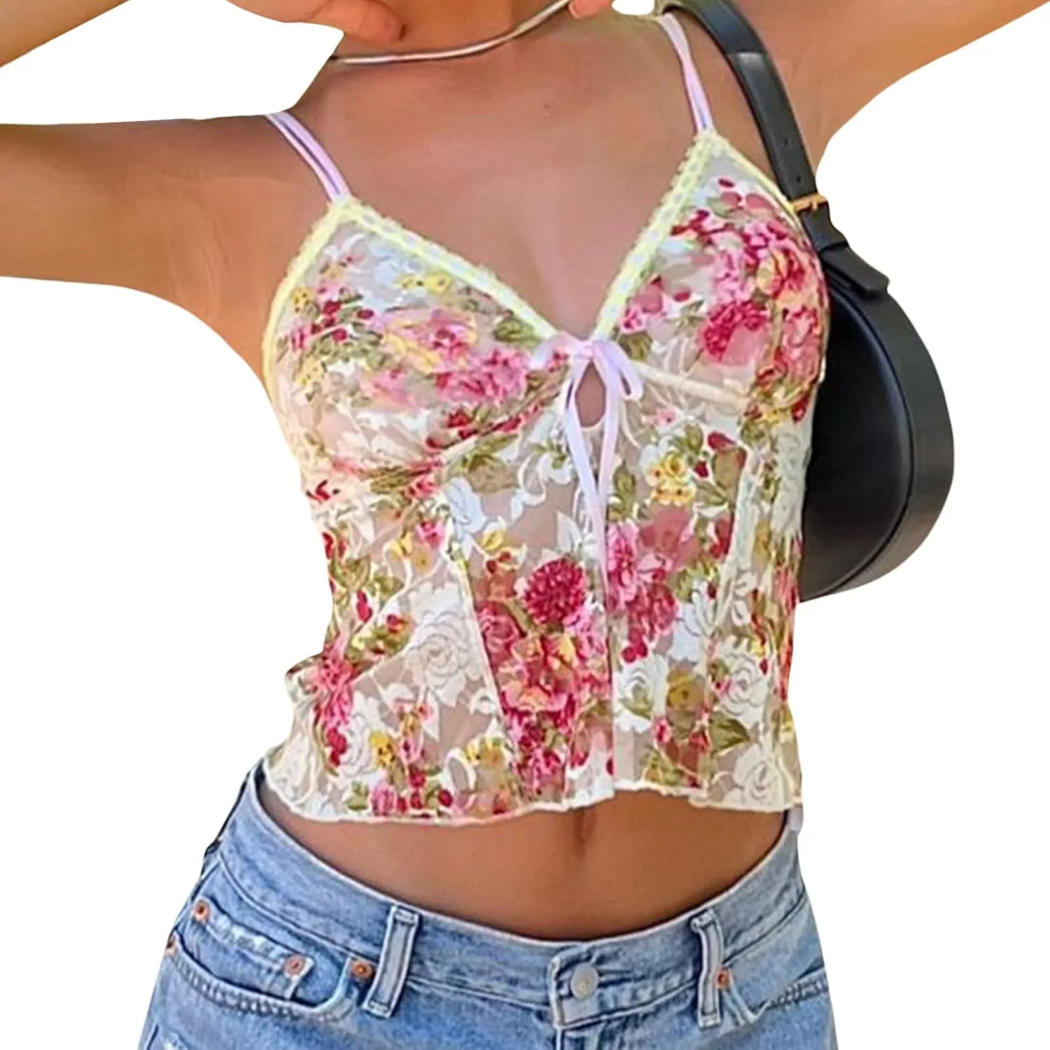 Women's Spaghetti Strap Camisole Floral Print V Neck Tie-Up Cami Top Sleeveless Sling Crop Tank Tops Summer Streetwear