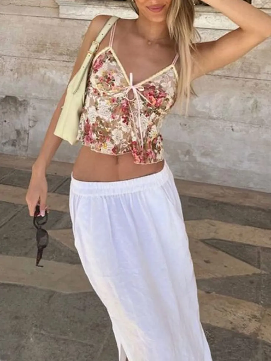 Women's Spaghetti Strap Camisole Floral Print V Neck Tie-Up Cami Top Sleeveless Sling Crop Tank Tops Summer Streetwear