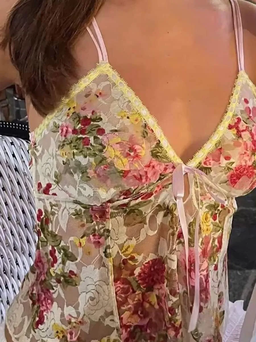 Women's Spaghetti Strap Camisole Floral Print V Neck Tie-Up Cami Top Sleeveless Sling Crop Tank Tops Summer Streetwear