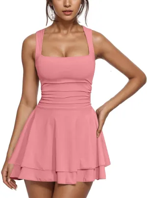 Womens Square Neck Ruffle Mini Dress Summer Ruched Waist Short Party Dresses Casual Sleeveless Tiered A Line Dress