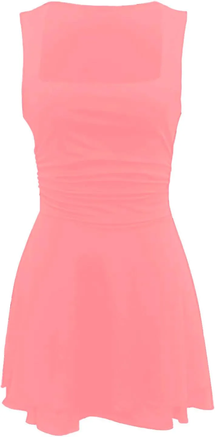 Womens Square Neck Ruffle Mini Dress Summer Ruched Waist Short Party Dresses Casual Sleeveless Tiered A Line Dress