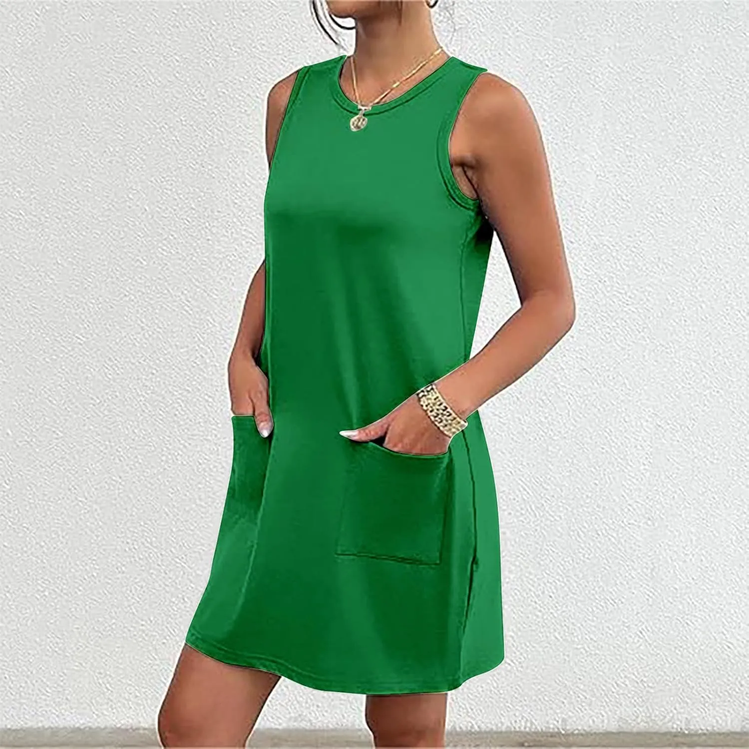 Womens Summer Bodycon Sundress with Pockets Slim Fit Mini Solid Tank Sleeveless Crewneck Casual Dress Sexy Dress