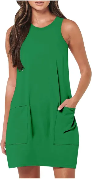 Womens Summer Bodycon Sundress with Pockets Slim Fit Mini Solid Tank Sleeveless Crewneck Casual Dress Sexy Dress