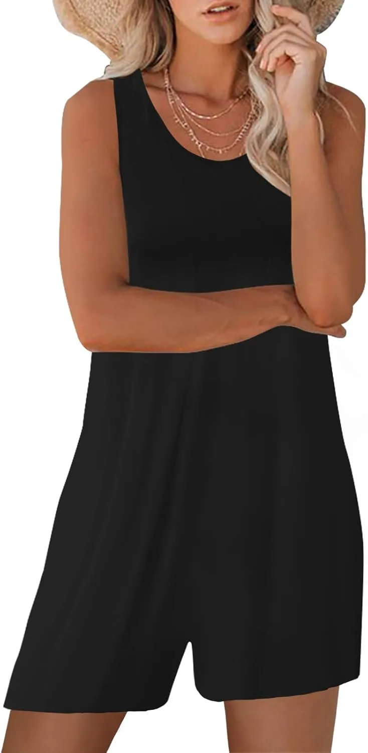 Womens Summer Casual Sleeveless Rompers Tank Crewneck Wide Leg Loose Shorts Jumpsuit Overalls with Pockets