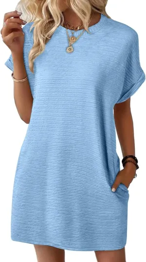 Womens Summer Dresses Fashion 2025 Short Sleeve Crewneck Mini Shirt Dress Casual Beach Vacation Sundress with Pocket