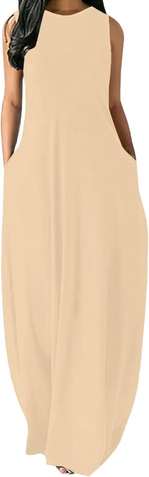 Women's Summer Fashion Sundress Long Spaghetti Strap Sleeveless Casual Maxi Dress Women's Beach Dress with Pockets