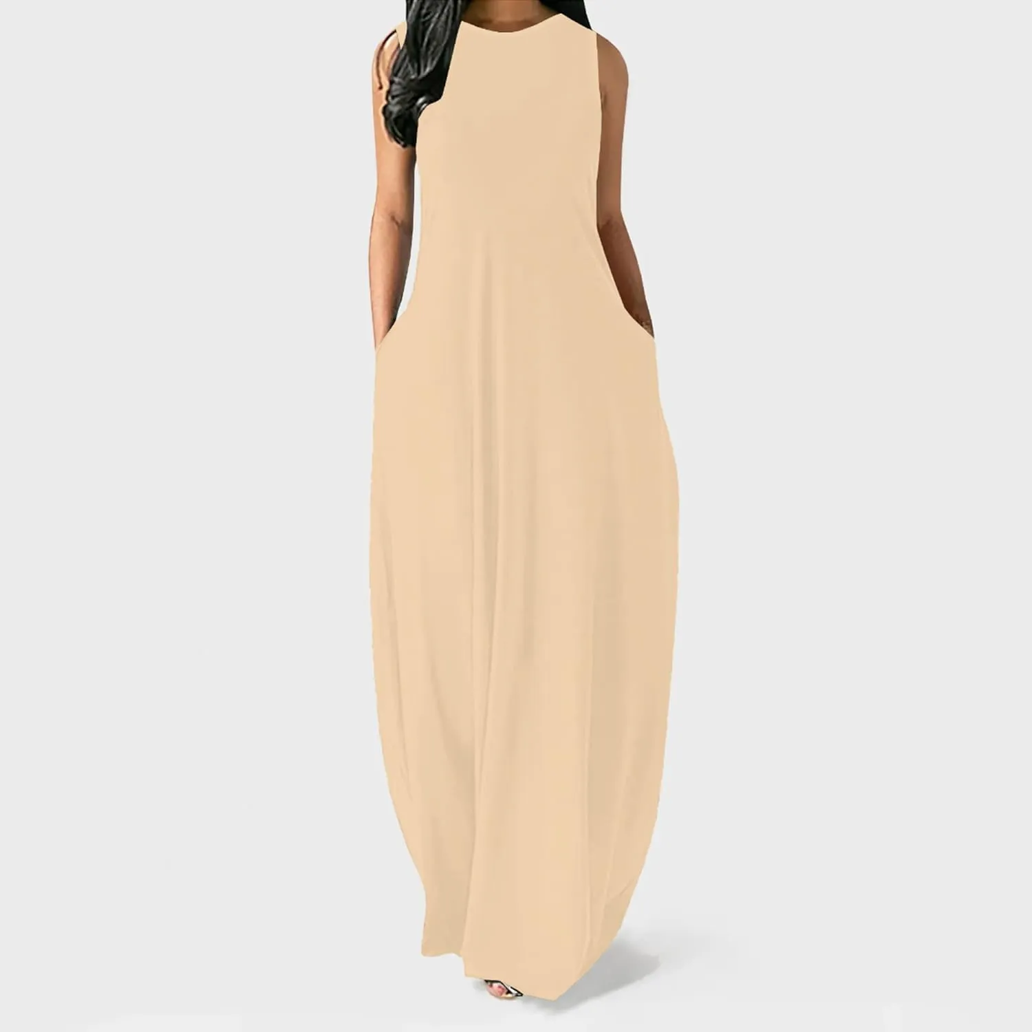 Women's Summer Fashion Sundress Long Spaghetti Strap Sleeveless Casual Maxi Dress Women's Beach Dress with Pockets