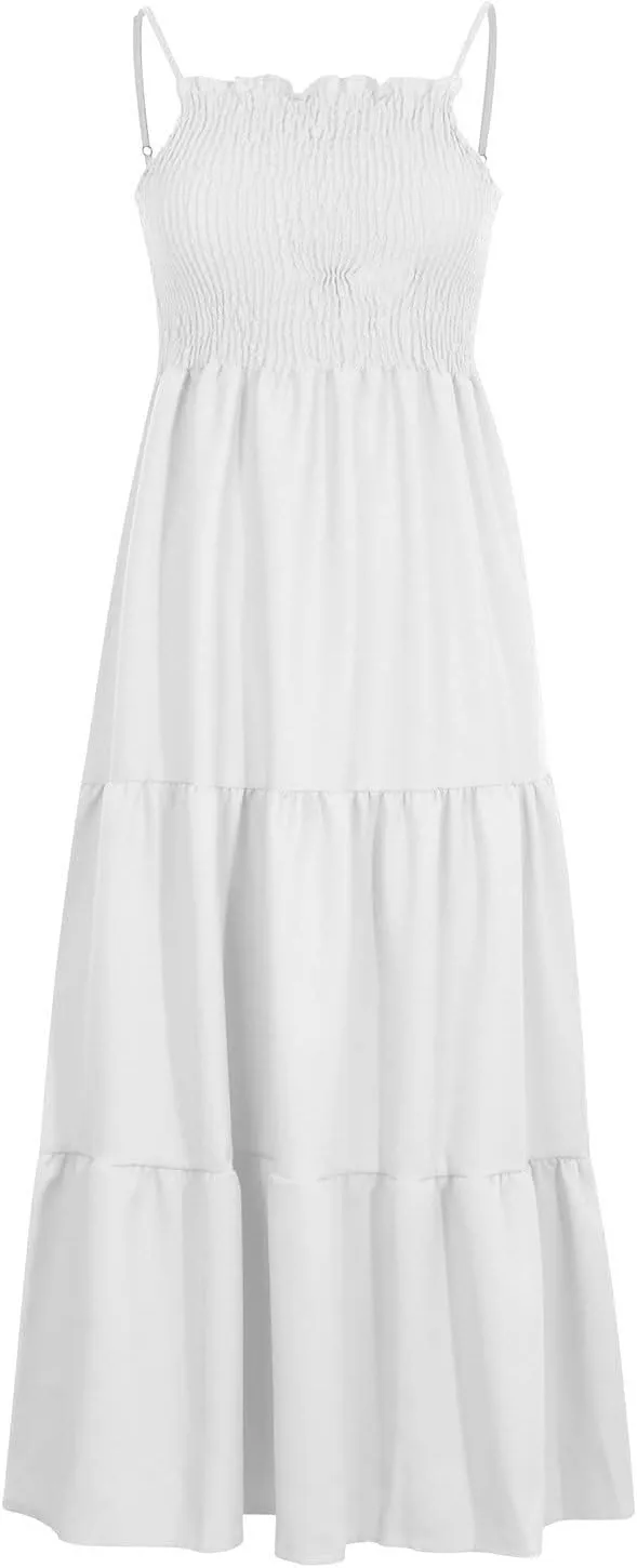 Women's Summer Maxi Dress Casual Boho Sleeveless High Waisted Spaghetti Strap Smocked Tiered Solid Beach Sun Dresses